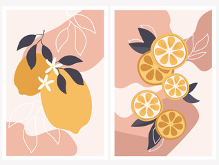 Abstract still life in pastel colors of posters. Collection of contemporary art. Minimalistic elements, fruits, lemons for social networks, postcards, printing. Vector graphics.