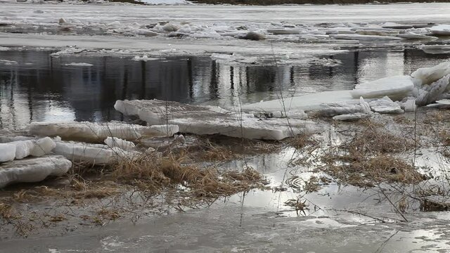 Seasonal spring ice drift in Europe, a view from the shore of the floating ice on the river water with ice floes