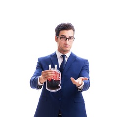 Businessman with blood bag isolated on white