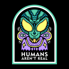 alien with vaporwave style, aesthetics of 80s. cartoon illustration for poster, logo, sticker, or apparel merchandise.