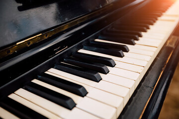 Fototapeta na wymiar Old vintage piano keyboard. Close up view