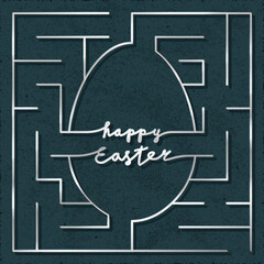 Fototapeta na wymiar Happy Easter Square Silver Maze Logo as Labyrinth Combined with Egg Shape and Lettering - Chrome on Dark Paper Background - Hand Drawn Doodle Design