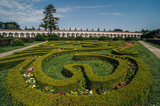 View of the Kromeriz Kvetna Garden (Kvetna zahrada), part of the Unesco World Heritage. Kromeriz, Czech republic. French style garden in summer.