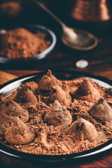 Homemade chocolate truffles coated in cocoa powder