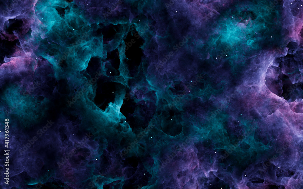 Wall mural abstract background of green and purple nebula with stars in the background. 3d rendering