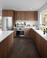 modern kitchen interior with the refrigerator, gas stove with the lights on, on a bright sunny day