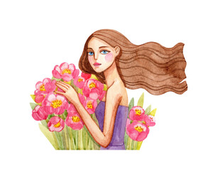 Obraz na płótnie Canvas Cute watercolor illustration of a girl with flowers. A girl in a purple top with long wavy hair and pink flowers.
