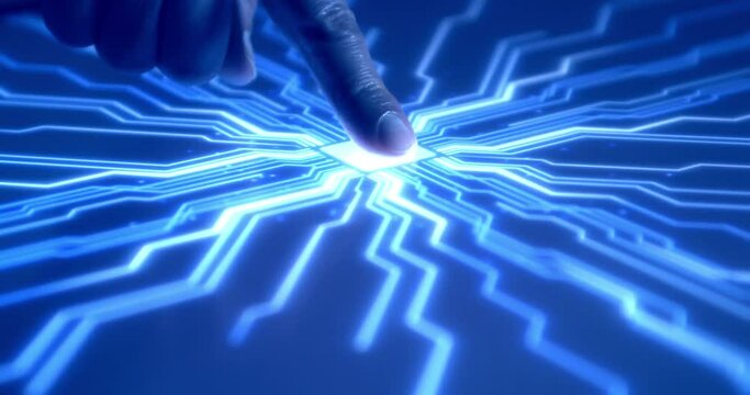 Digital AI Computer Activates Secure System With Fingerprint Scan. Super AI Computers Integrating With Human Life.