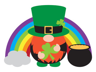 Leprechaun Gnome Holding Shamrock with Pot of Gold and Rainbow