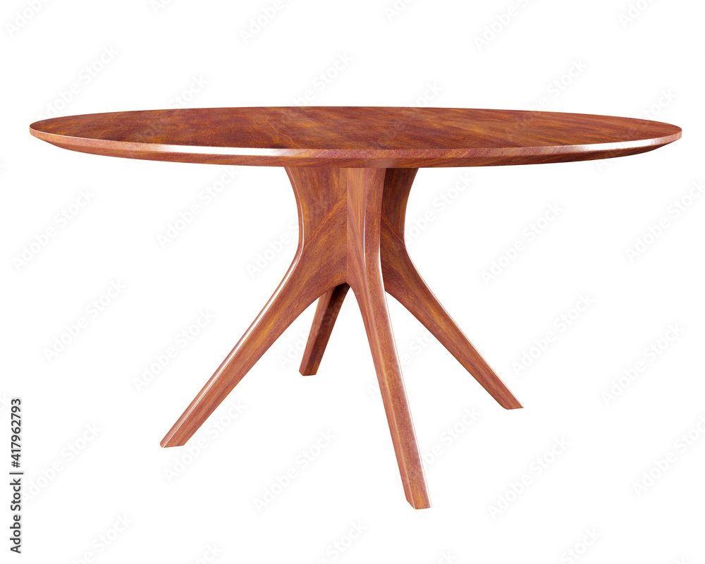 Poster round wooden retro table, dining table isolated on white background. clipping path included. 3d rend