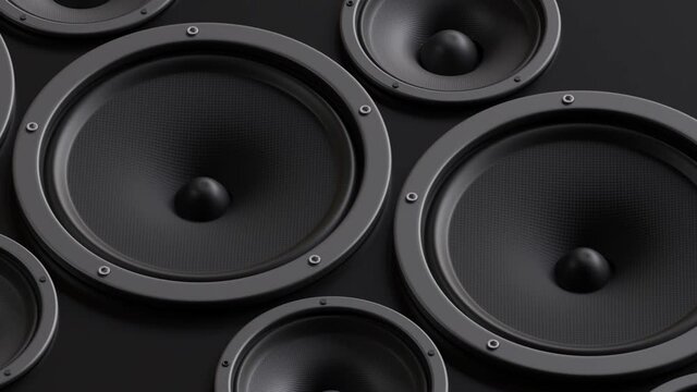 Animation of studio subwoofer speakers playing loud sound.