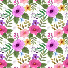 Colorful hand draw flowers seamless pattern on white color background for fabric textile wallpaper.