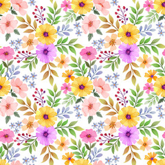 Colorful hand draw flowers seamless pattern on white color background for fabric textile wallpaper.