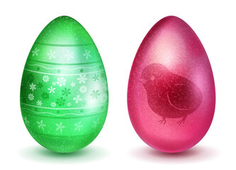 Two realistic Easter eggs with different surface texture, patterns and holiday symbols in red and green colors. With shadows on white background