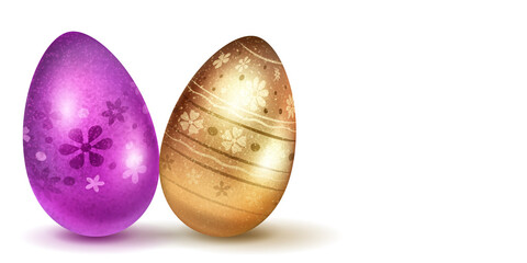 Two realistic Easter eggs with different surface texture, patterns and holiday symbols in purple and golden colors. With shadows on white background