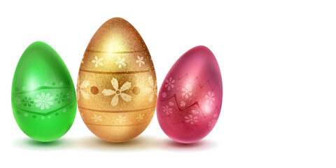 Three realistic Easter eggs with different surface texture, patterns and holiday symbols in red, green and golden colors. With shadows on white background