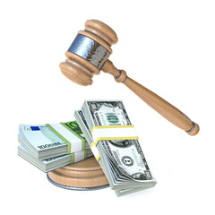 Gavel with money Symbol of corruption 3D