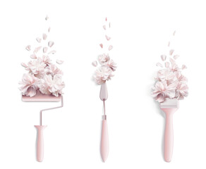 carnation brush, paint roller, palette knife 3d realistic big vector set. Strokes of paint made of carnation flowers. Brush with the stroke. Alternative vision. make up, refit apartment renovation 