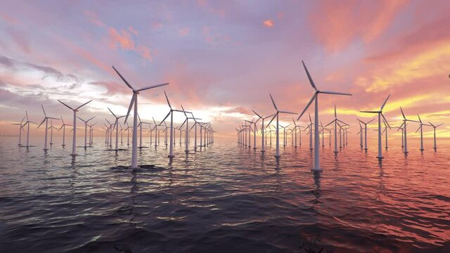 A lot of spinning wind turbines farm out in the sea turning under a beautiful burning summers sunset. Fly trough 3D animation