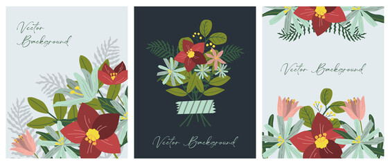 Set vertical de plantillas de diseño vectorial en estilo moderno y femenino de plantas y flores, con espacio para texto. 