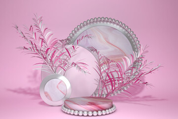 Pastel pink marble podium, platform for brand promotion. Spring, summer concept 3d illustration. Palm tree leaves around base decor. Studio for product presentation, mockup, show product