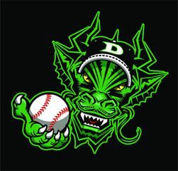 dragon baseball team mascot holding ball for school, college or league