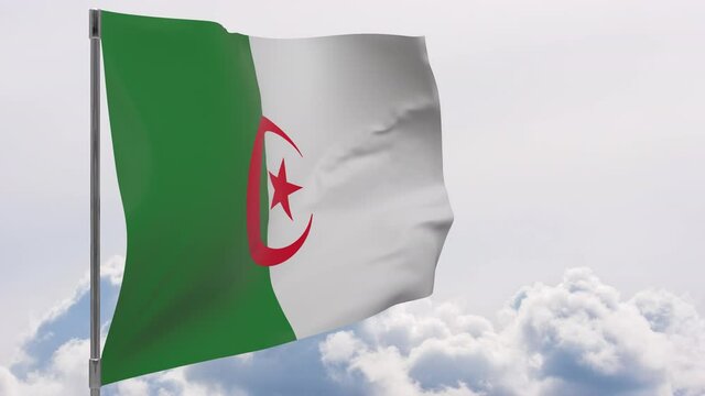 Algeria flag on pole with sky background seamless loop 3d animation