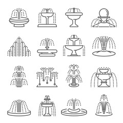 Fountain types thin line icons set isolated on white. Architecture pouring water pictograms.