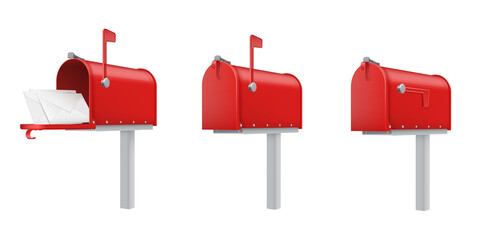 Mailboxes open, closed, with letters red realistic templates set. Outdoor drop boxes, street postboxes.