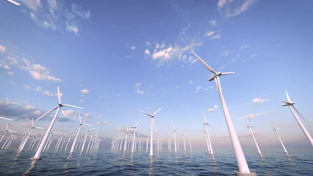 A lot of spinning wind turbines farm in the sea turning under a beautiful blue sky. 3D animation