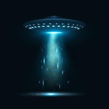 UFO with blue glowing illumination in realistic style. Unidentified flying object, saucer.