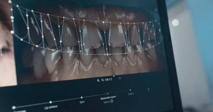 A medical worker is working on computer and having a picture of teeth on the screen; there are white lines drown with a computer mouse which are creating a grid, they are placed above the teeth.