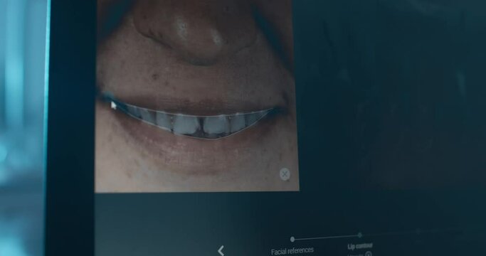 A medical worker is working on computer and having two pictures of teeth on the screen; they are drawing white parallel lines on the teeth and zooming the image with a computer mouse.