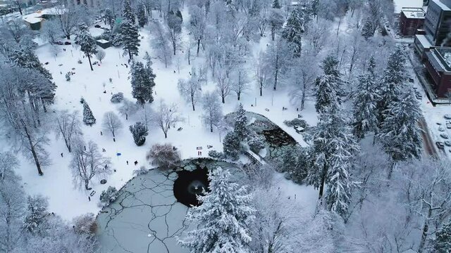 Aerial top down shot of people enjoying winterscape in wright park with frozen lake. Tacoma,United States America.