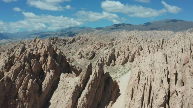 Aerial - Quebrada de las Flechas ravine, Argentina, wide rising shot