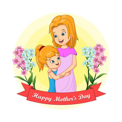Happy mother's day card. Cute little girl hugging her mother