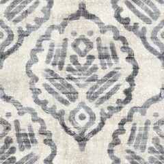 Seamless grungy tribal ethnic rug motif pattern. High quality illustration. Distressed old looking native style design in shades of gray and cream. Old artisan textile seamless pattern.