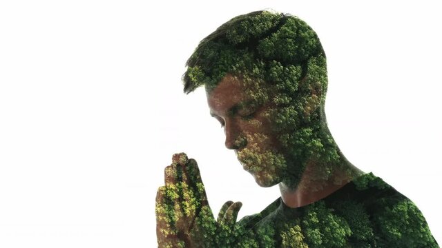 Double exposure prayer silhouette. Peaceful nature. Spiritual harmony. Worship faith. Green forest trees animation in shape of religious guy talking to God isolated on white empty space background.