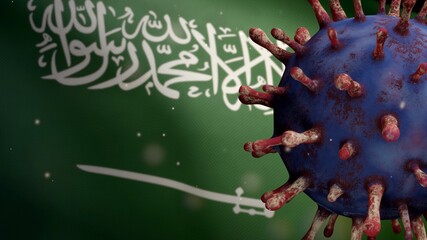 3D illustration coronavirus floating over Kingdom Saudi Arabia flag. KSA Covid19