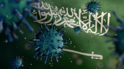 3D illustration coronavirus floating over Kingdom Saudi Arabia flag. KSA Covid19