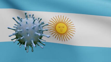 3D illustration coronavirus floating over Argentinian flag. Argentine Covid 19