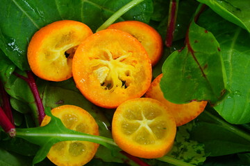 Fresh green salad with sliced kumquat fruit in a bowl
