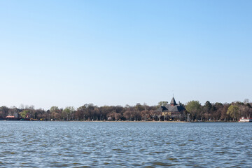 Panorama of Palic Lake, or Palicko Jezero, in Palic, Serbia, with the Velika Terasa, or Grand Terrace main building in the background. it is one of the main attractions of Vojvodina province