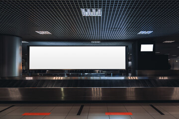 A baggage claim area in a hall of a contemporary airport arrival zone with luggage conveyor belt and a mock-up of a long white empty advertising or information billboard and tv plasma screen - obrazy, fototapety, plakaty