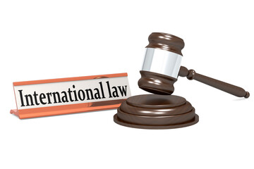 Wooden judge gavel and international law banner