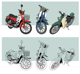 cub retro motorcycle cute moto vector illustration three angles background art