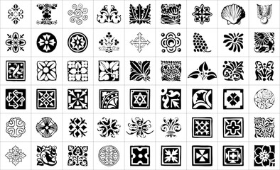 set of black and white icons batik ornamnet