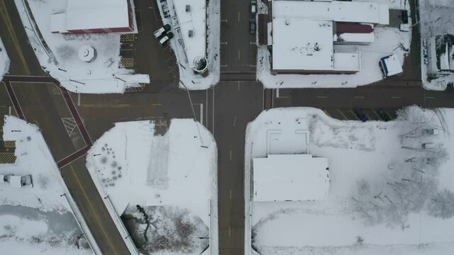 Small American country street winter top down view