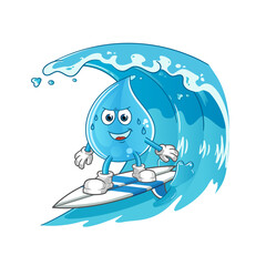 water drop surfing on the wave character. cartoon mascot vector