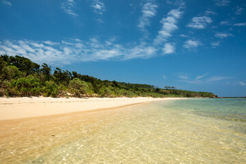 Gorgeous paradise beach, crystalline green sea, cliff full of vegetation, blue sky. Iriomote Island.